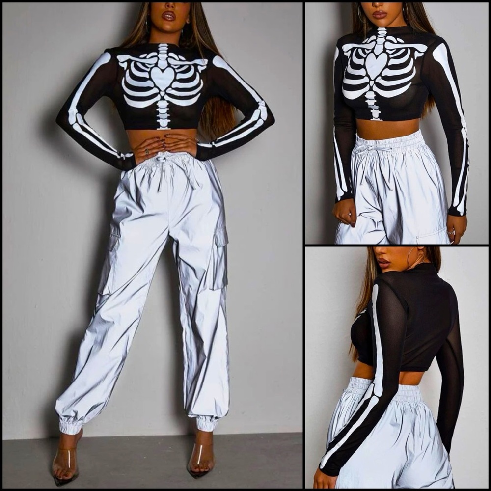 Reflective Skeleton Bones Heart Black Sheer Mesh Long Sleeve Cropped Shirt Top - Picture 2 of 12